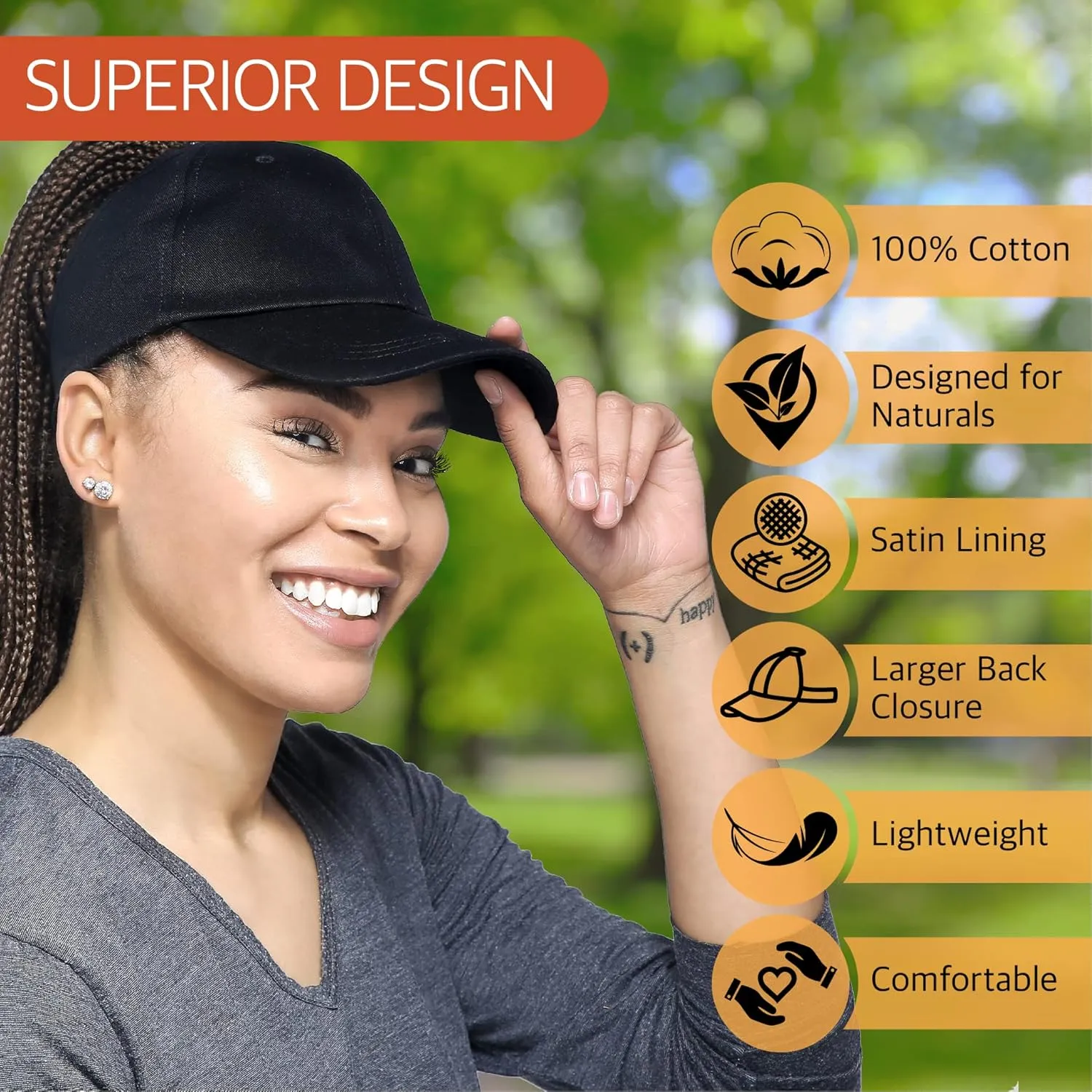 Satin Lined Baseball Hat for Women | Ponytail Hat for Curly Natural Hair | Backless Cap | Curl Hair Cap