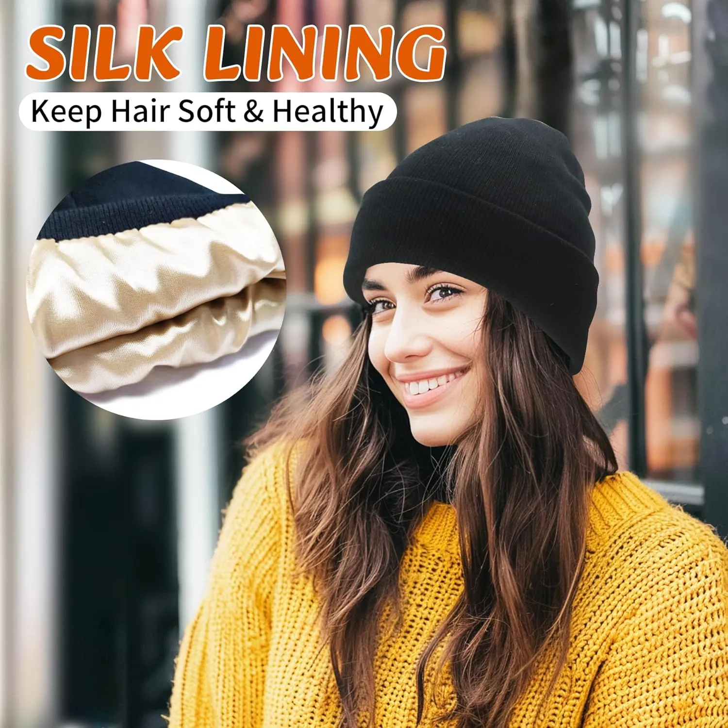 Satin Lined Beanie for Women Winter Warm Soft Lining Cuffed Knit Hats Silk Lined Beanie for Women