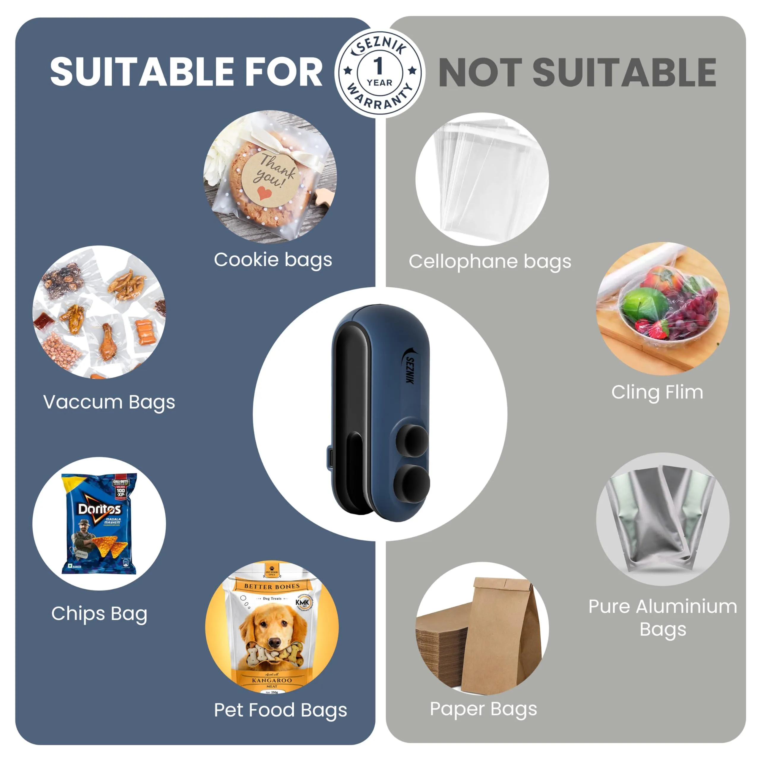 Seznik Portable Mini Sealing Machine, Handheld Packet Sealer for Food, Snacks, Chips, Fresh Storage, Plastic Bags Sealing Machine, 1 YEAR Warranty (Dark Blue)