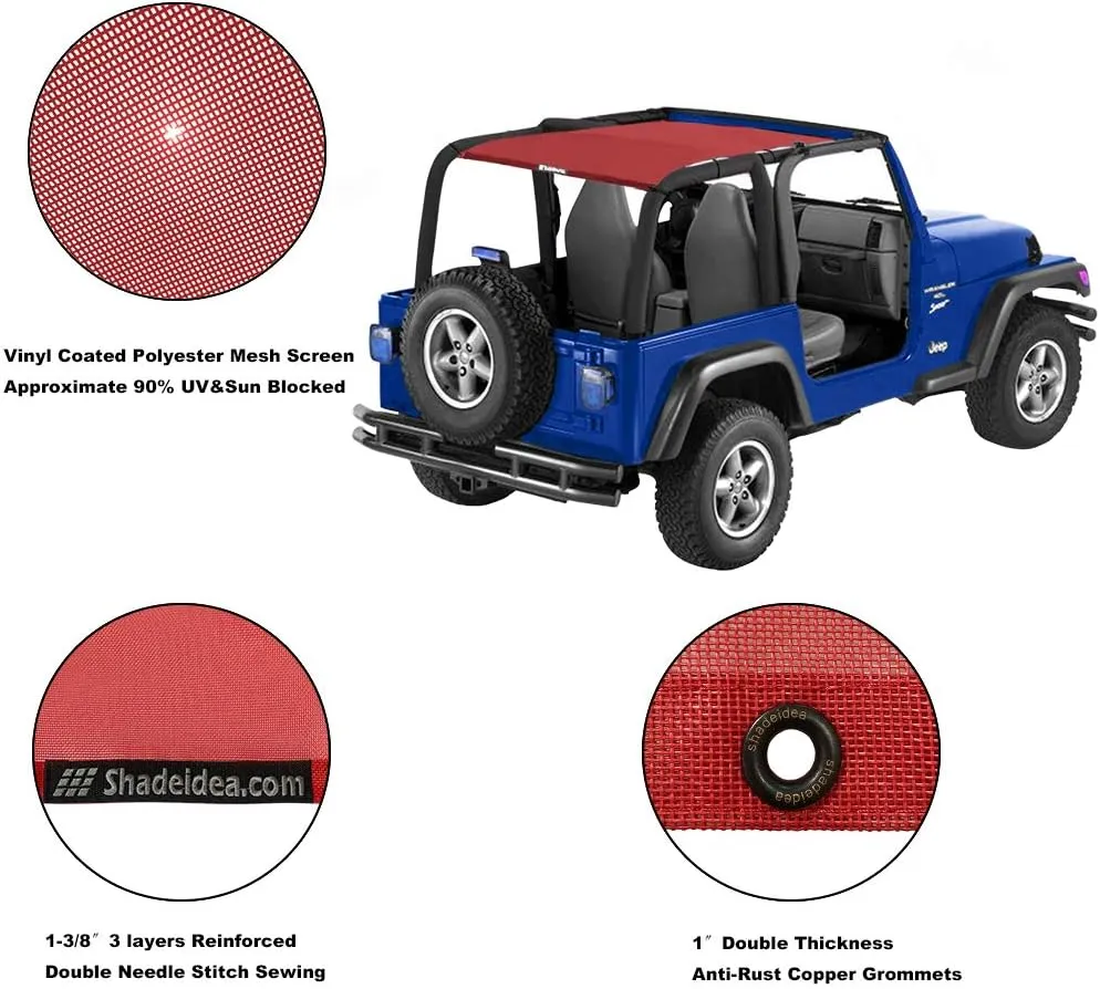 Shadeidea Sun Shade for Jeep Wrangler TJ 1997-2006 Sunshade Top Front Rear-Cherry Red Mesh Screen Cover UV Blocker with Grab Bag Storage Pouch-10 Years Warranty
