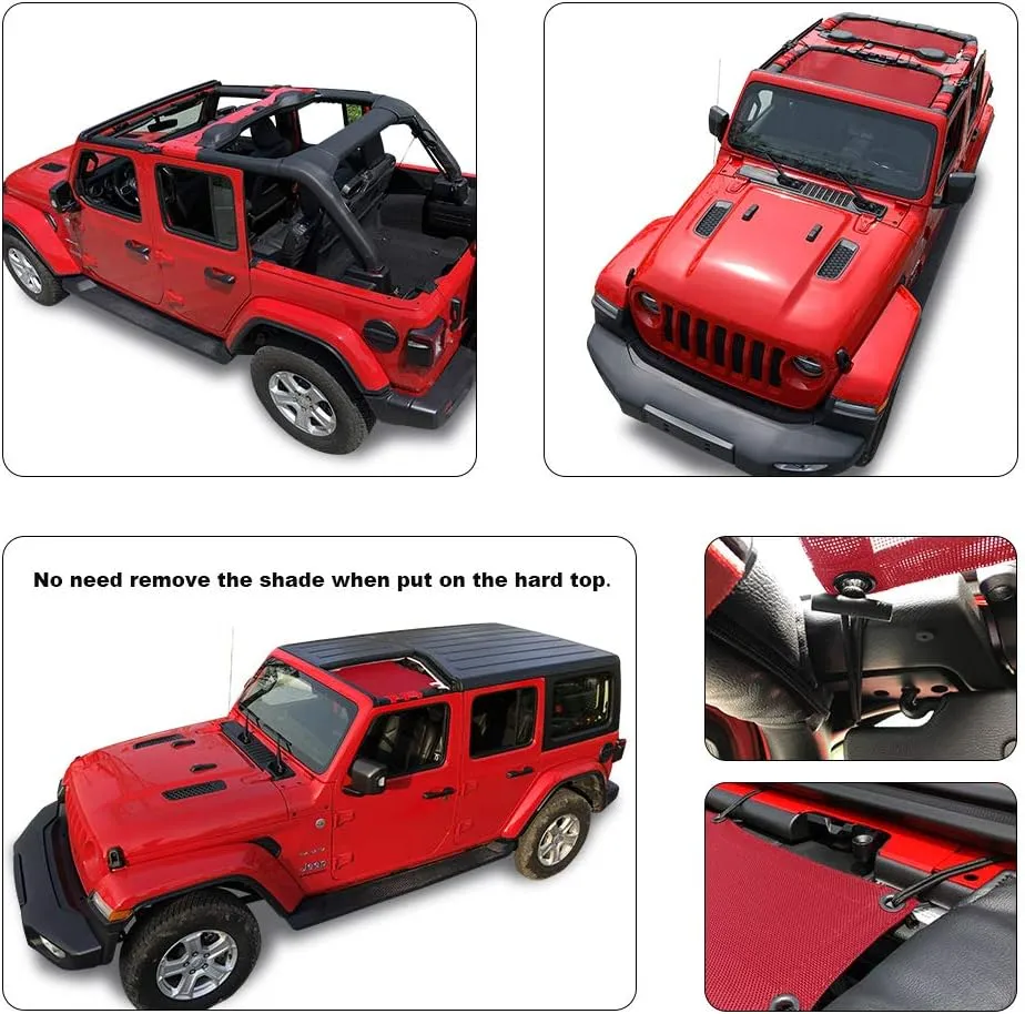 Shadeidea Sun Shade Top for Jeep Wrangler Sunshade JL Unlimited (2018-2023) 4 Door Front and Rear 2 piece-Cherry Red Mesh Screen Sunshade JLU Top Cover UV Blocker with Grab Bag-10 Year Warranty
