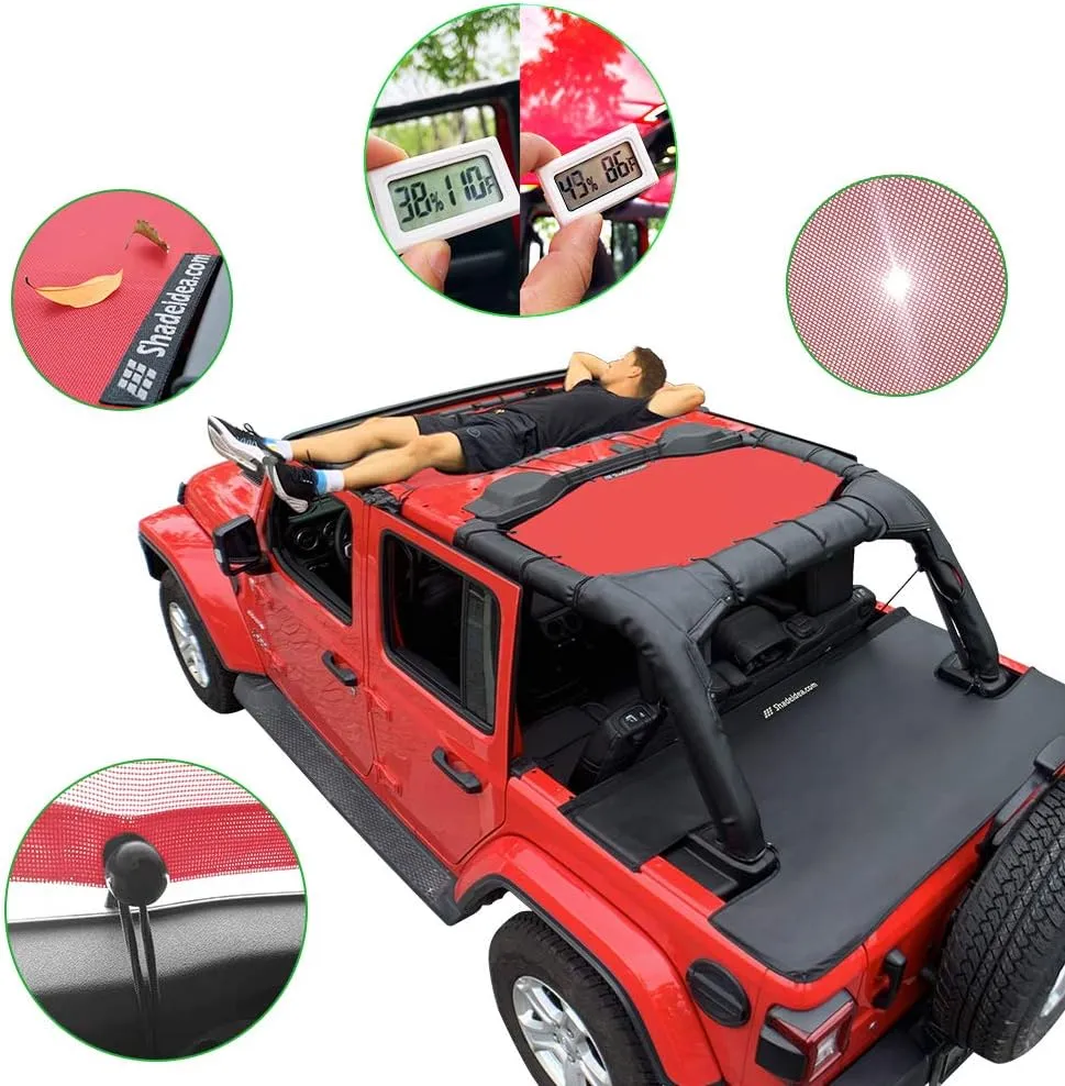 Shadeidea Sun Shade Top for Jeep Wrangler Sunshade JL Unlimited (2018-2023) 4 Door Front and Rear 2 piece-Cherry Red Mesh Screen Sunshade JLU Top Cover UV Blocker with Grab Bag-10 Year Warranty