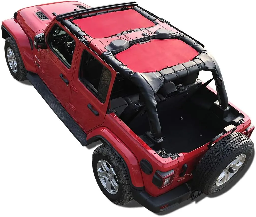 Shadeidea Sun Shade Top for Jeep Wrangler Sunshade JL Unlimited (2018-2023) 4 Door Front and Rear 2 piece-Cherry Red Mesh Screen Sunshade JLU Top Cover UV Blocker with Grab Bag-10 Year Warranty