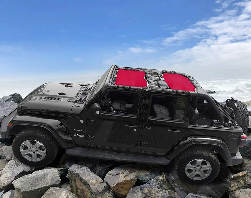 Shadeidea Sun Shade Top for Jeep Wrangler Sunshade JL Unlimited (2018-2023) 4 Door Front and Rear 2 piece-Cherry Red Mesh Screen Sunshade JLU Top Cover UV Blocker with Grab Bag-10 Year Warranty