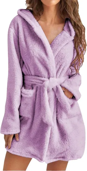 SHAOBGE Robes for Women, Bath Robe Women's Hooded Fleece Bathrobes Soft Plush Sleepwear Fluffy Warm Sherpa Shaggy Bathrobe