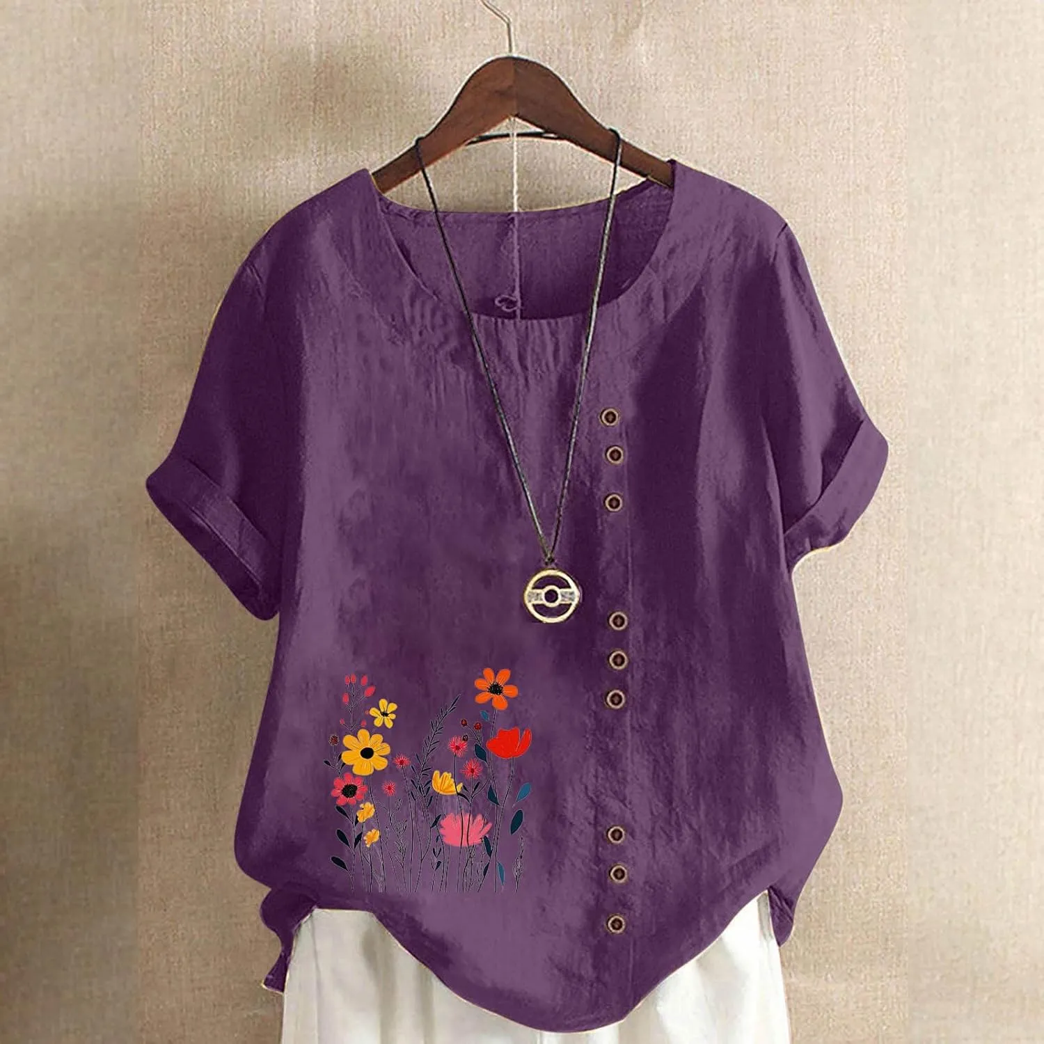 Short Sleeve Shirts for Women Fashion Flower Print Relaxed Fitted Crewneck Loose Size Tops Causal Lightweight Blouse