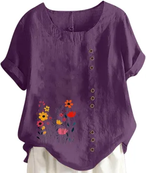 Short Sleeve Shirts for Women Fashion Flower Print Relaxed Fitted Crewneck Loose Size Tops Causal Lightweight Blouse