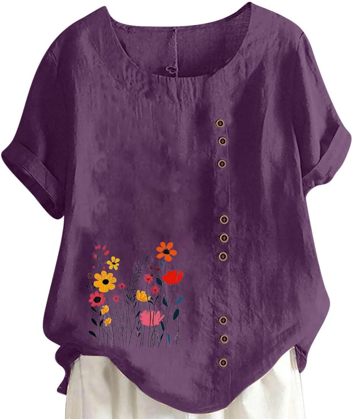 Short Sleeve Shirts for Women Fashion Flower Print Relaxed Fitted Crewneck Loose Size Tops Causal Lightweight Blouse