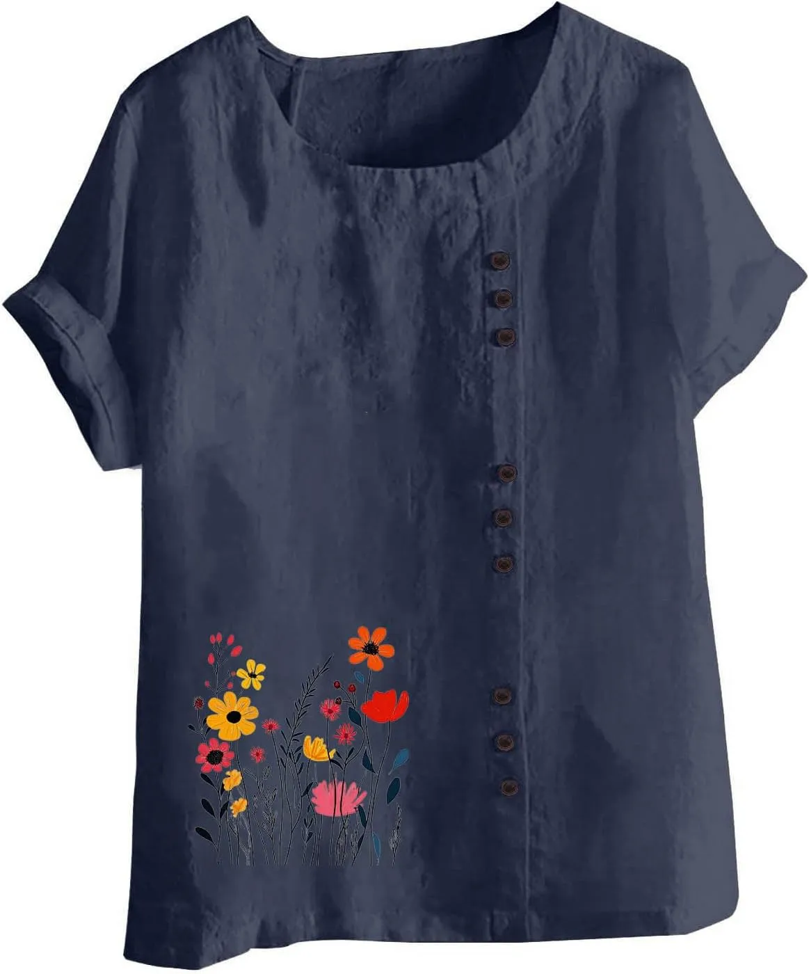 Short Sleeve Shirts for Women Fashion Flower Print Relaxed Fitted Crewneck Loose Size Tops Causal Lightweight Blouse