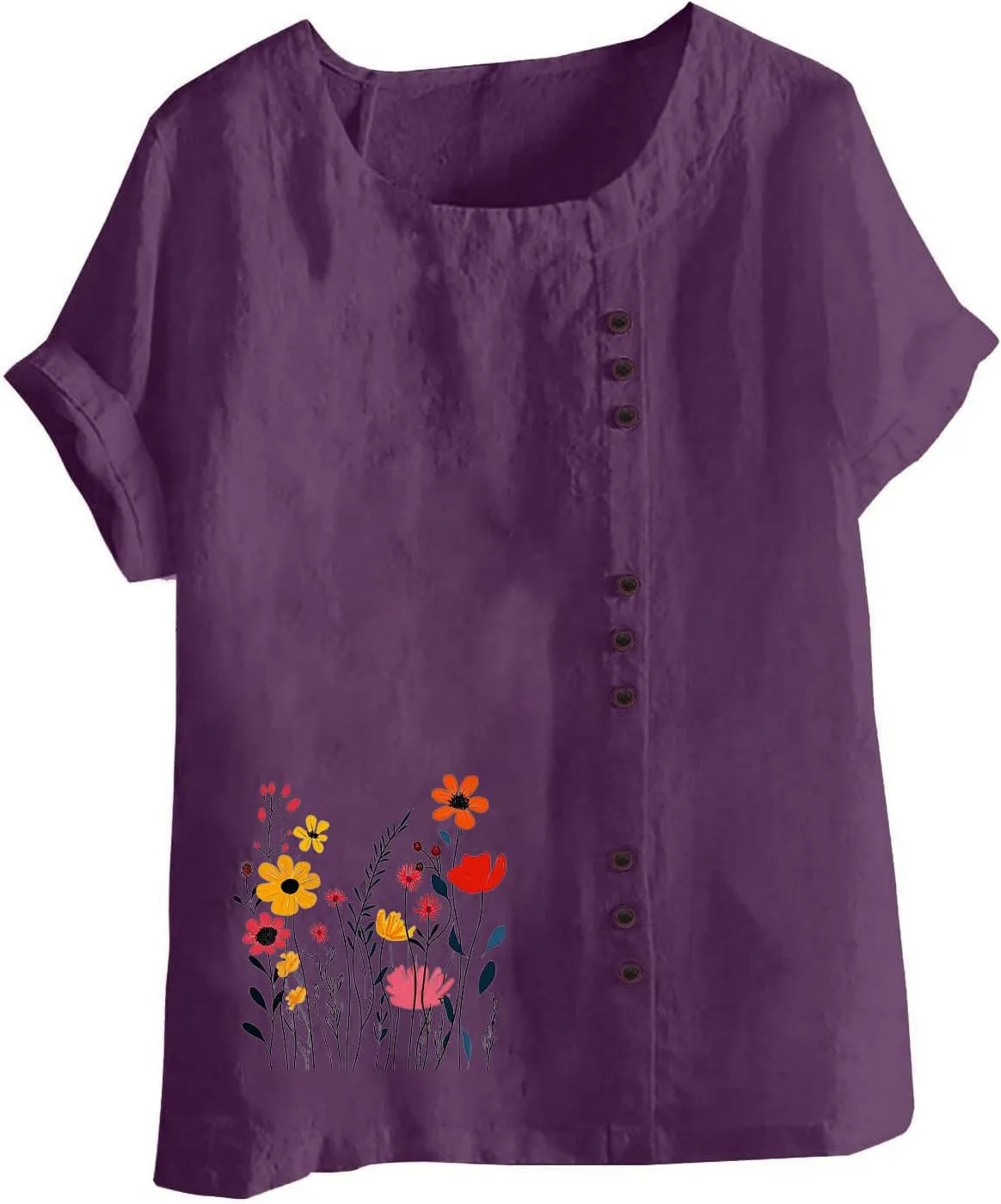 Short Sleeve Shirts for Women Fashion Flower Print Relaxed Fitted Crewneck Loose Size Tops Causal Lightweight Blouse