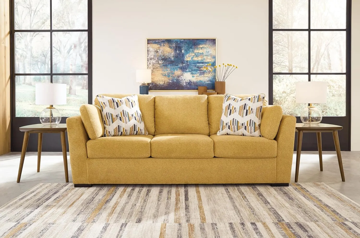 Signature Design by Ashley Keerwick Scandinavian Sofa with 4 Toss Pillows, Yellow