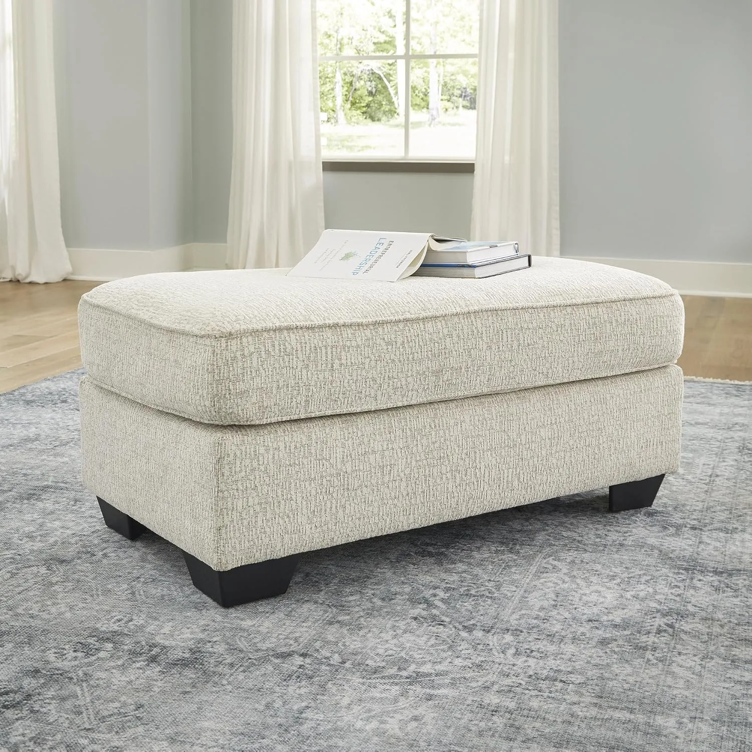 Signature Design by Ashley Valerano Contemporary Crosshatched Chenille Upholstered Ottoman, Cream & Brown