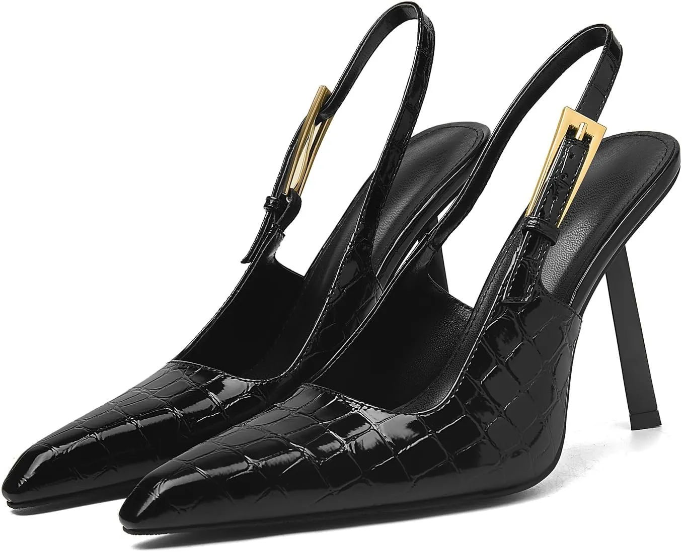 Slingback Closed Pointed Toe Heels Pumps Backless Shoes for Women Metal Ankle Strap Buckle Slip-on Dressy Wedding