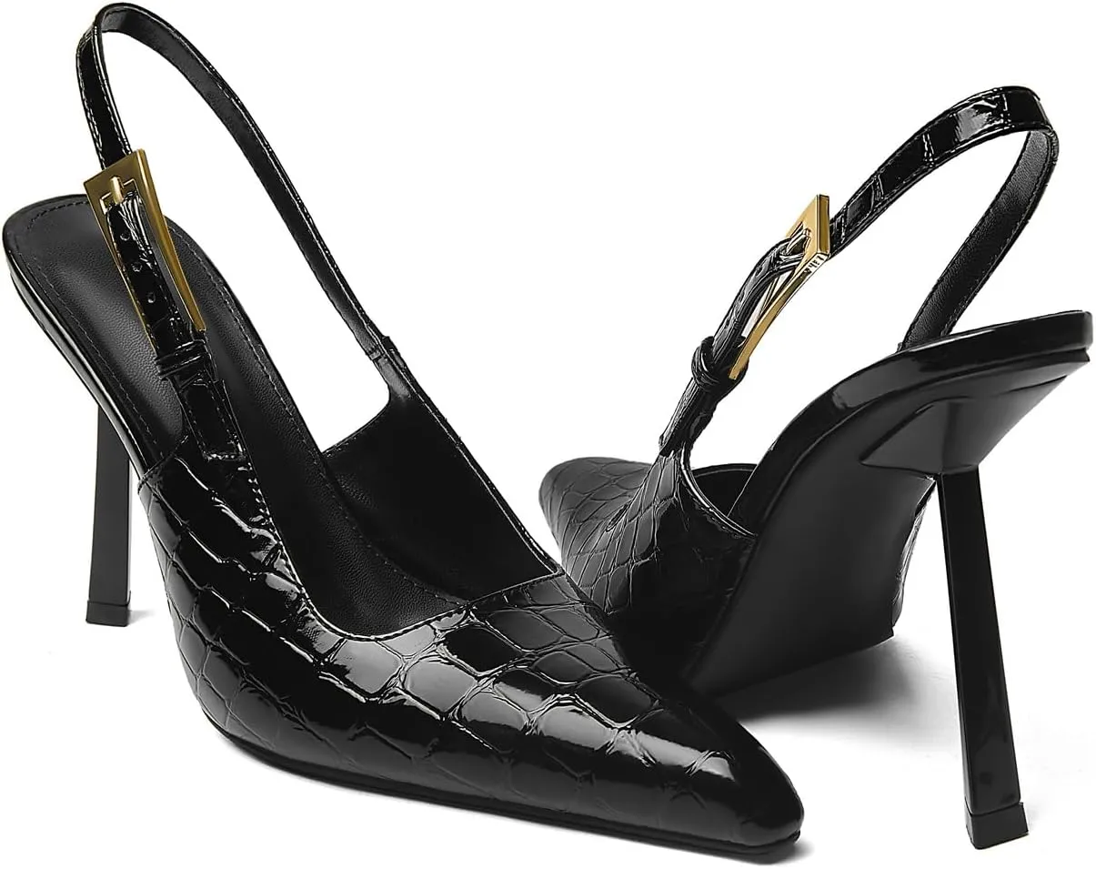 Slingback Closed Pointed Toe Heels Pumps Backless Shoes for Women Metal Ankle Strap Buckle Slip-on Dressy Wedding