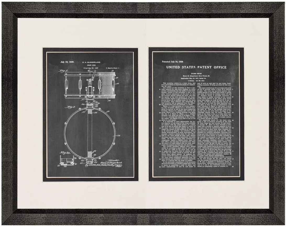 Slingerland Snare Drum Patent Art Chalkboard Print in a Beveled Black Wood Frame with a Double Mat (16" x 20") M10059