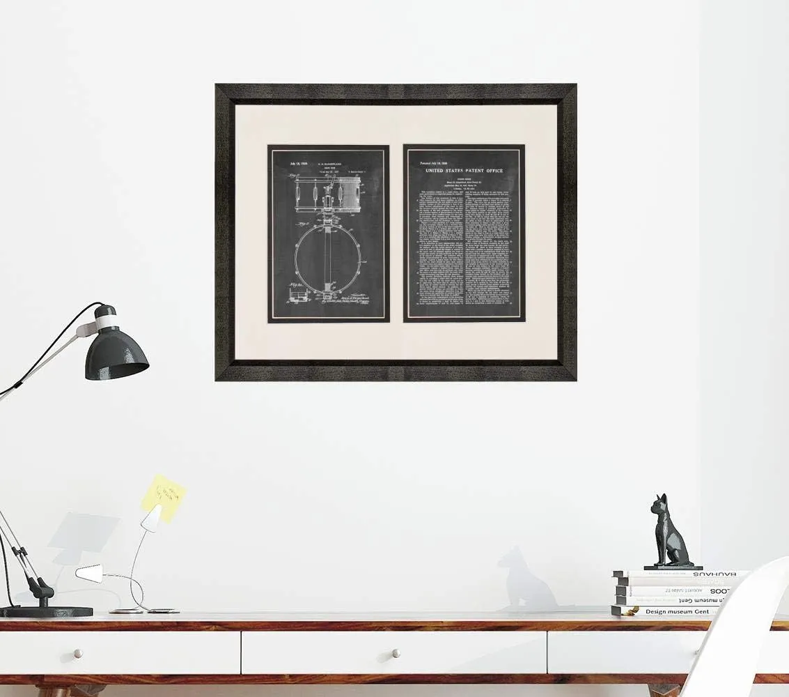 Slingerland Snare Drum Patent Art Chalkboard Print in a Beveled Black Wood Frame with a Double Mat (16" x 20") M10059