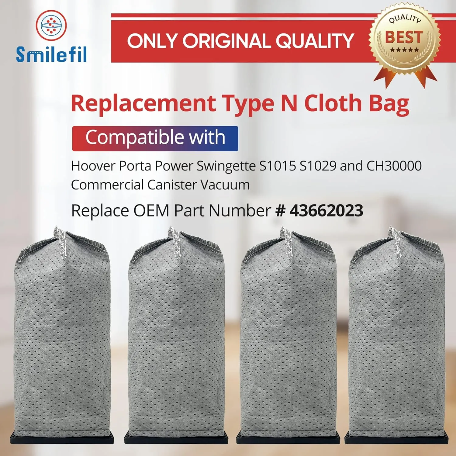 Smilefil 4PCS CH3000 Replacement Cloth Bags Compatible with Hoover PortaPower Swingette S1015 S1029 and CH30000 Commercial Canister Vacuum, Replace Part # 43662023