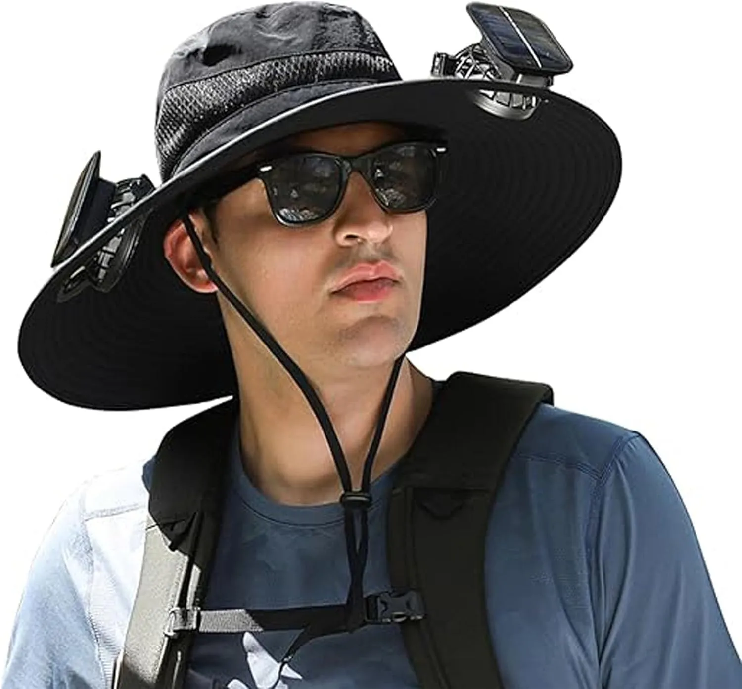 Solar Fan Hat, Outdoor Wide Brim Sun Hat with 2 Solar Fan, Sun Bucket for Men Women (Black)