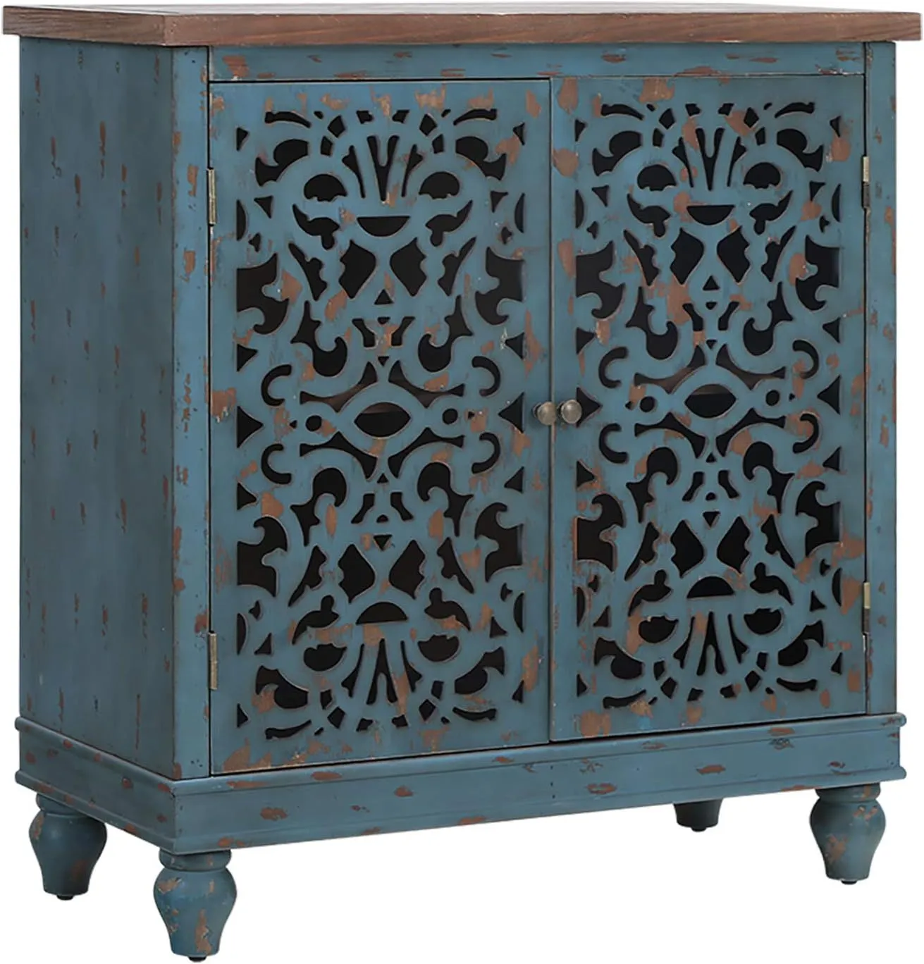 Sophia & William Accent Cabinet with Doors, Distressed Display Storage Cabinet with Wooden Frame and Hollow-Carved Floral Patterns for Entryway Living Room, Blue
