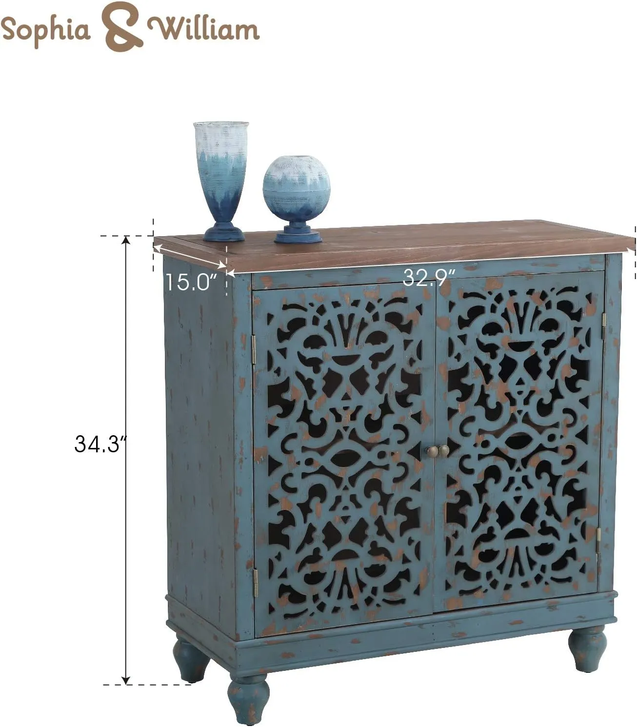 Sophia & William Accent Cabinet with Doors, Distressed Display Storage Cabinet with Wooden Frame and Hollow-Carved Floral Patterns for Entryway Living Room, Blue