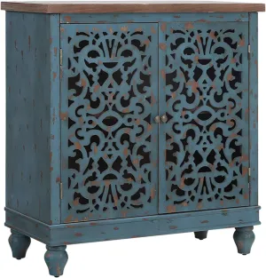 Sophia & William Accent Cabinet with Doors, Distressed Display Storage Cabinet with Wooden Frame and Hollow-Carved Floral Patterns for Entryway Living Room, Blue