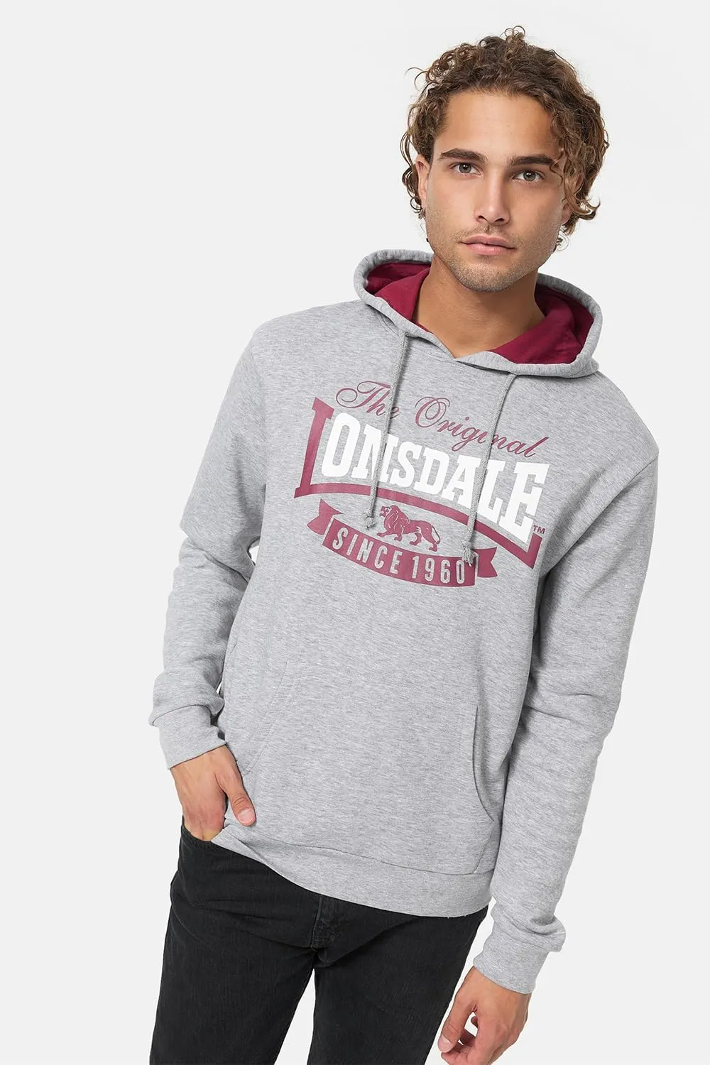 Spirit of England Lonsdale Men´s Classic Marl Grey Hoodie Logo Hooded Sweatshirt Regular-Fit