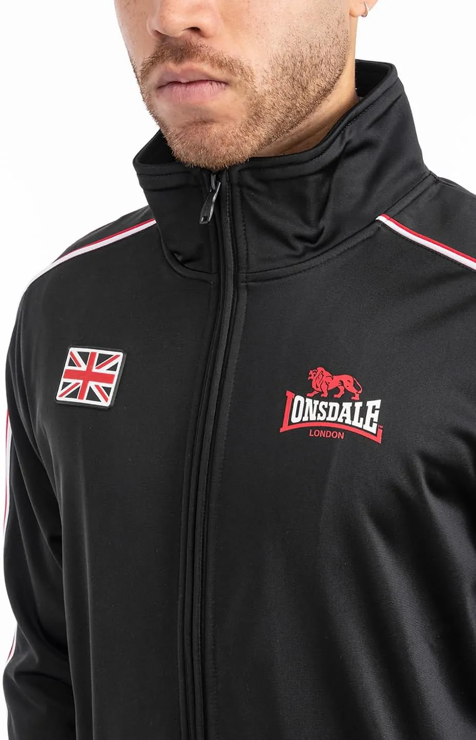 Spirit of England Lonsdale Mens Tricot Training Jacket Black Tracksuit Top Sport Regular-Fit