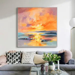 Square modern landscape oil painting of a sunset on water