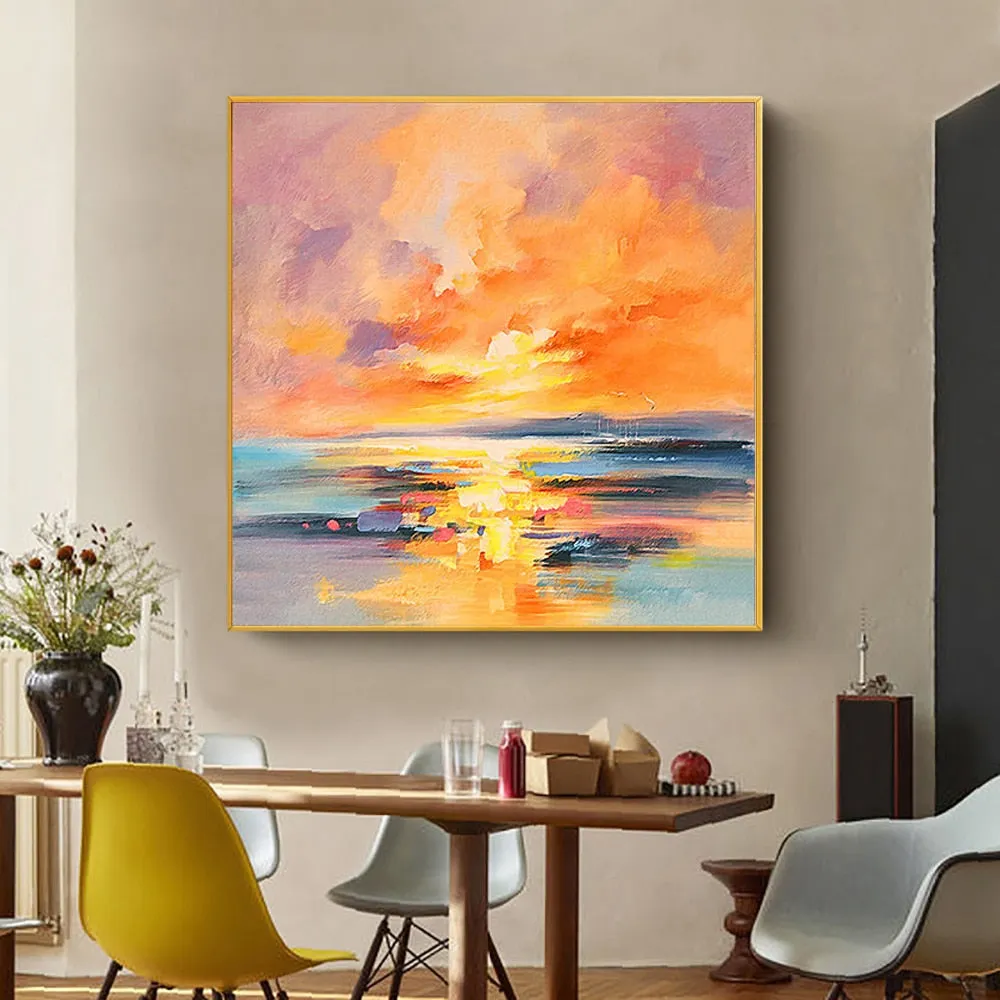 Square modern landscape oil painting of a sunset on water