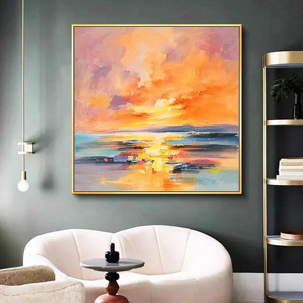 Square modern landscape oil painting of a sunset on water