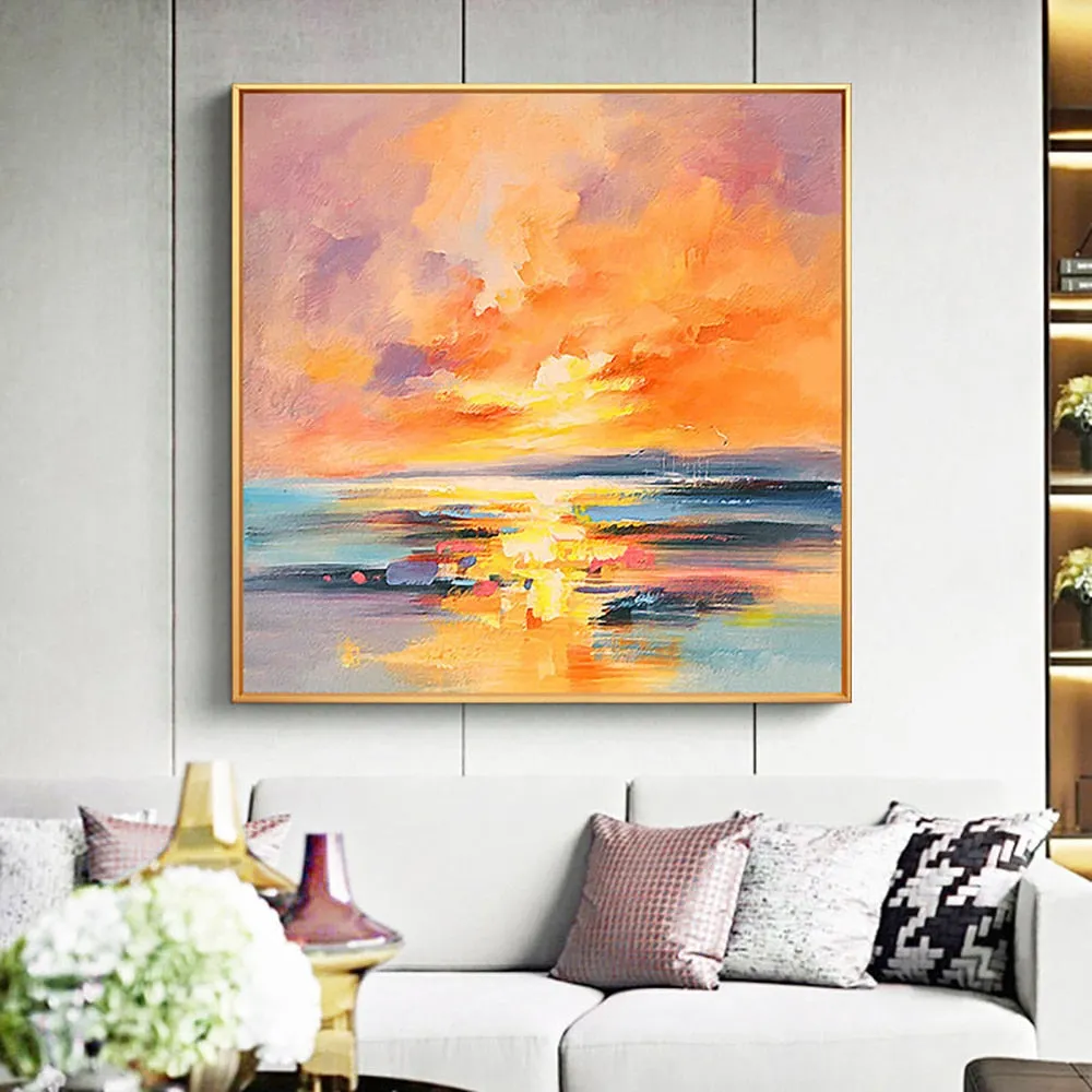 Square modern landscape oil painting of a sunset on water
