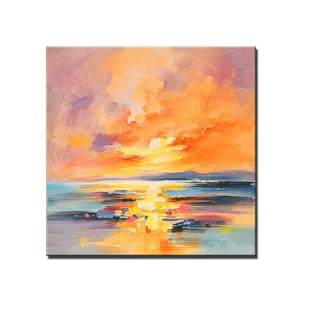 Square modern landscape oil painting of a sunset on water