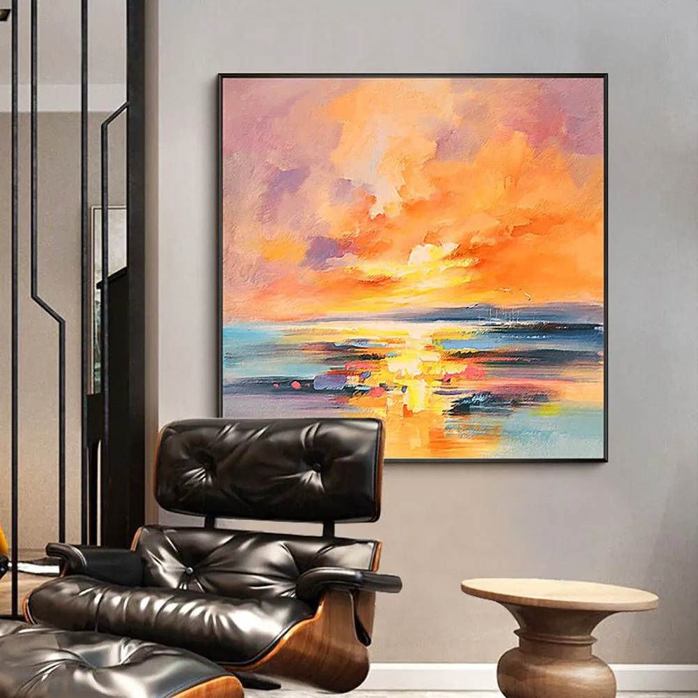 Square modern landscape oil painting of a sunset on water