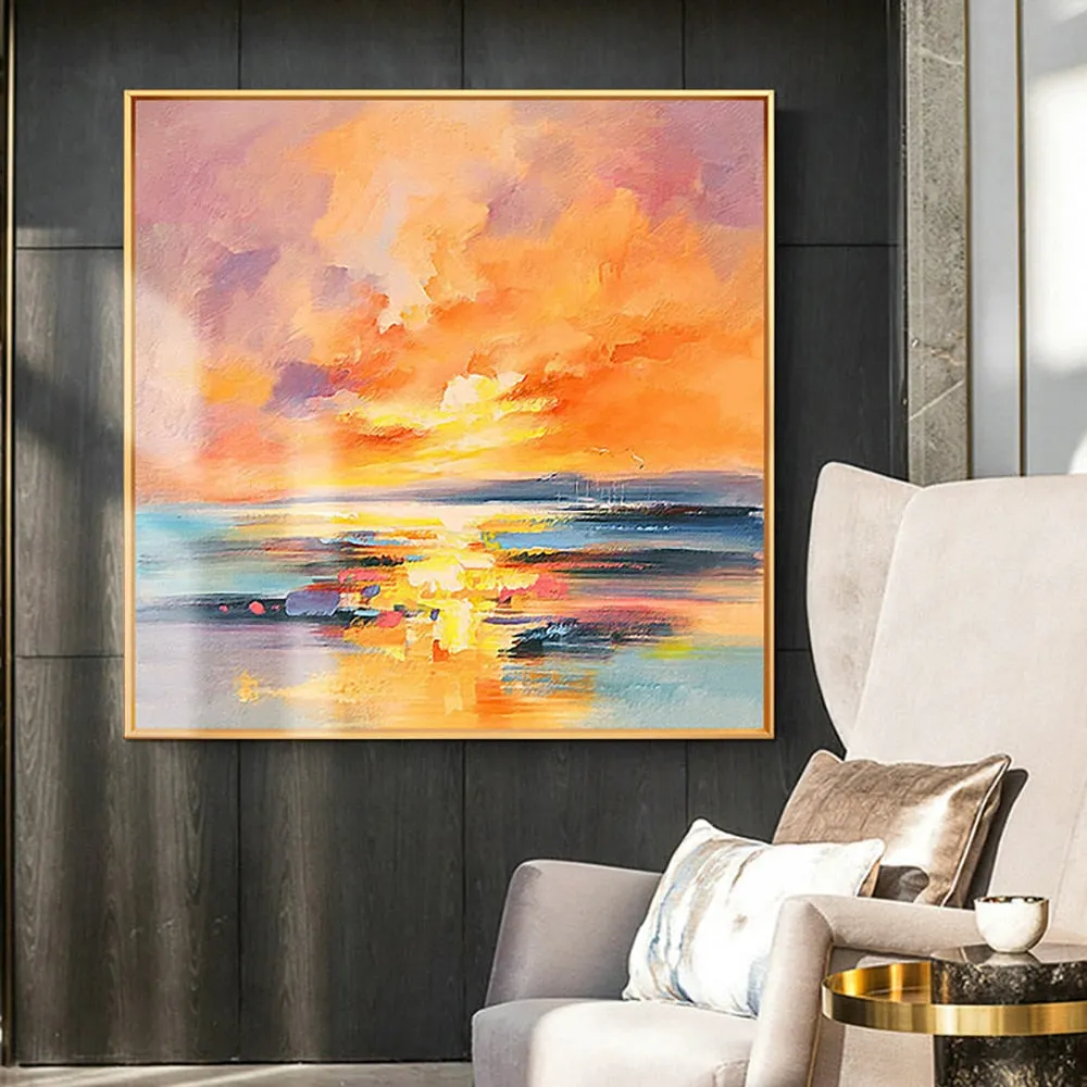 Square modern landscape oil painting of a sunset on water