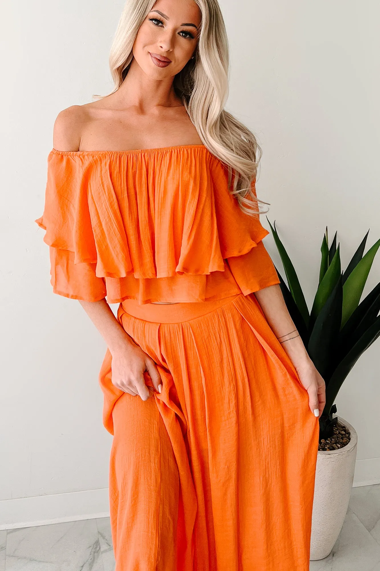 Stay Grounded Off Shoulder Flowy Pant Set (Orange)