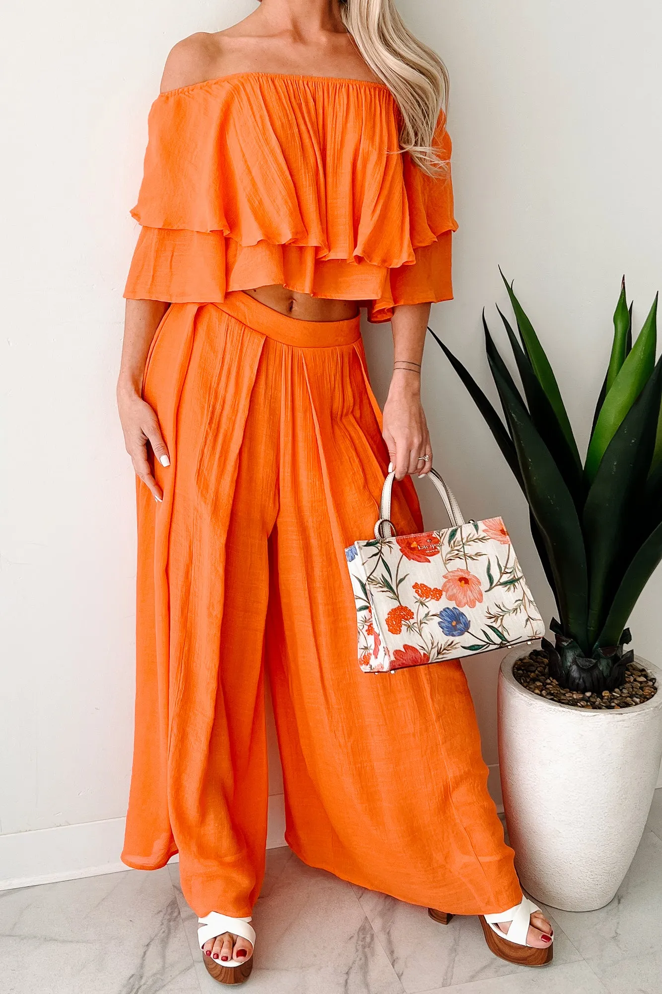 Stay Grounded Off Shoulder Flowy Pant Set (Orange)