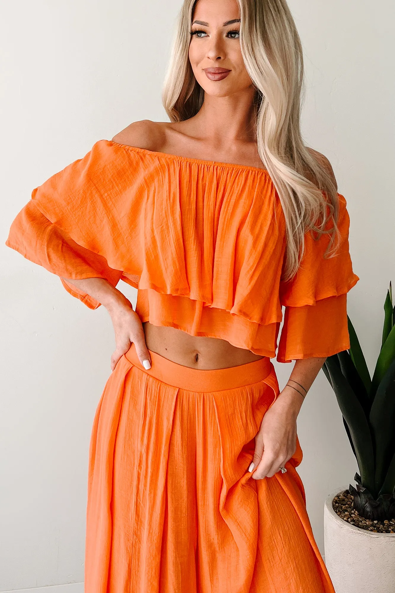 Stay Grounded Off Shoulder Flowy Pant Set (Orange)