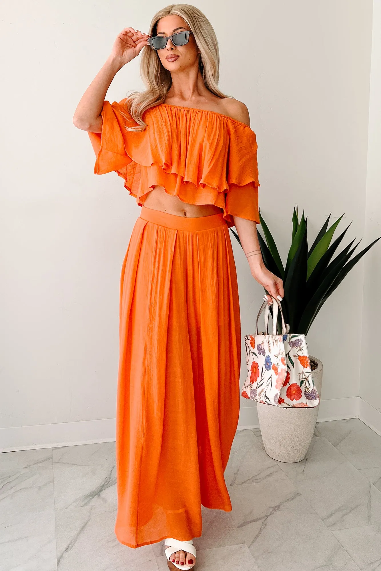 Stay Grounded Off Shoulder Flowy Pant Set (Orange)