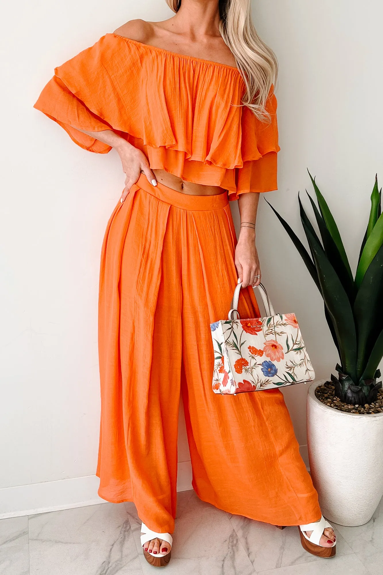 Stay Grounded Off Shoulder Flowy Pant Set (Orange)