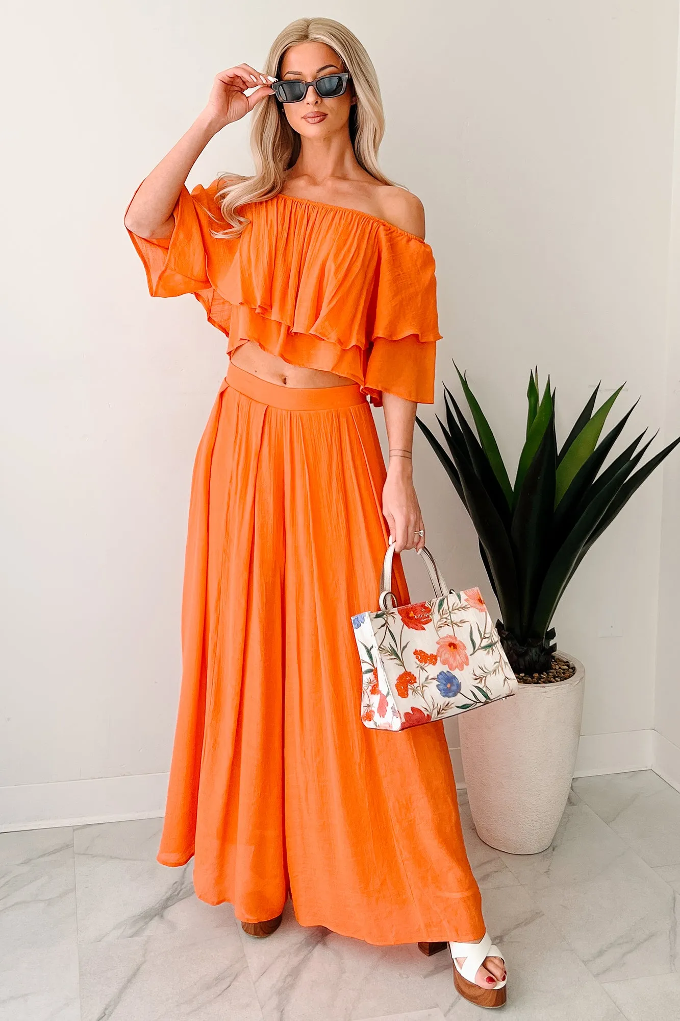 Stay Grounded Off Shoulder Flowy Pant Set (Orange)
