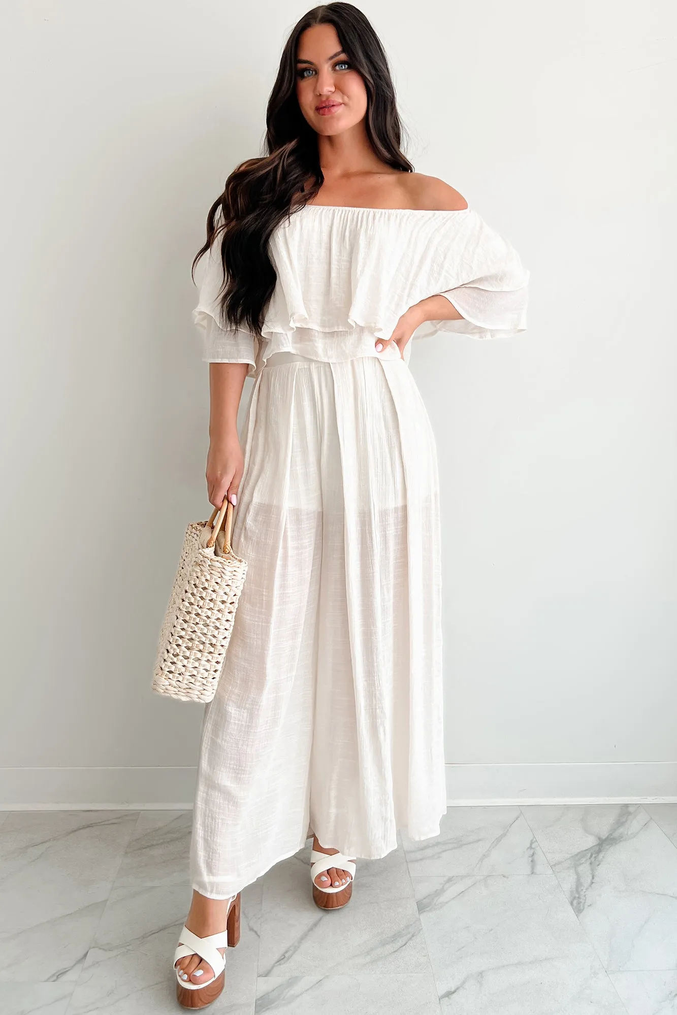 Stay Grounded Off Shoulder Flowy Pant Set (Vanilla White)