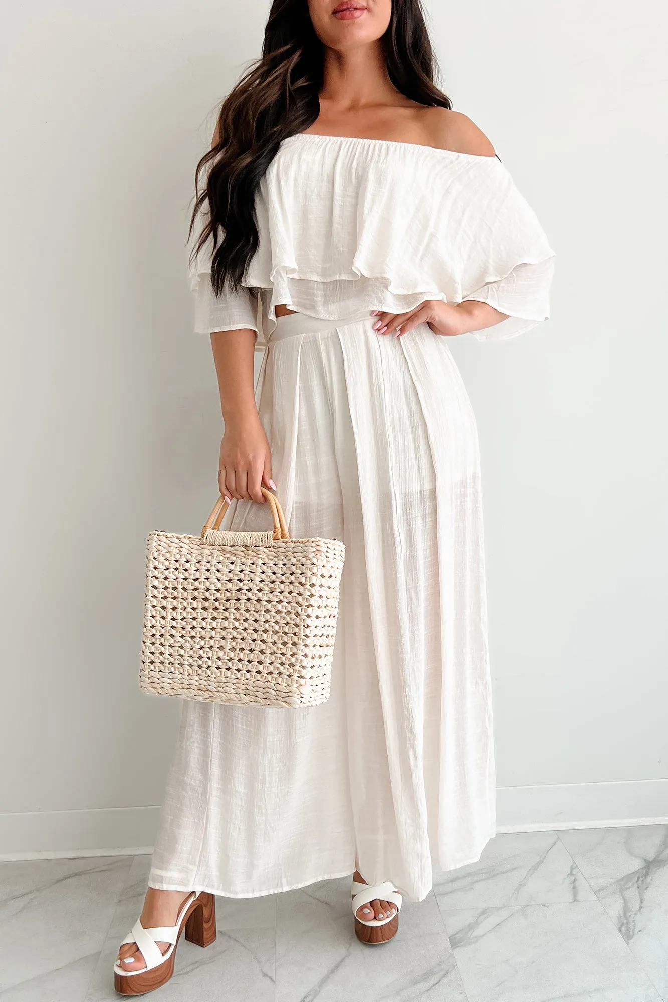 Stay Grounded Off Shoulder Flowy Pant Set (Vanilla White)