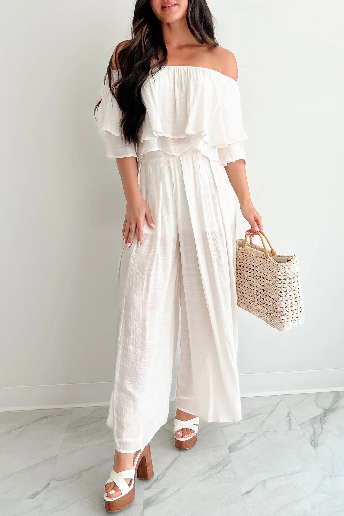 Stay Grounded Off Shoulder Flowy Pant Set (Vanilla White)