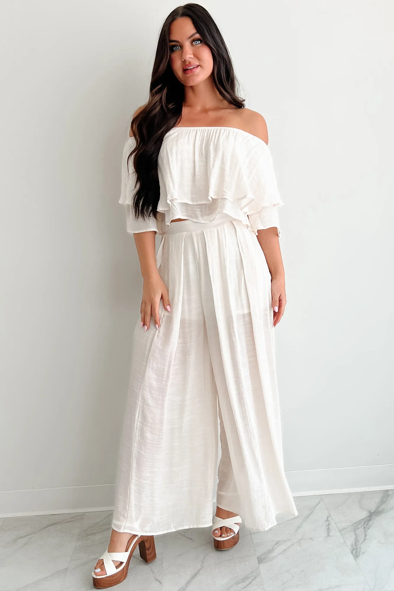 Stay Grounded Off Shoulder Flowy Pant Set (Vanilla White)