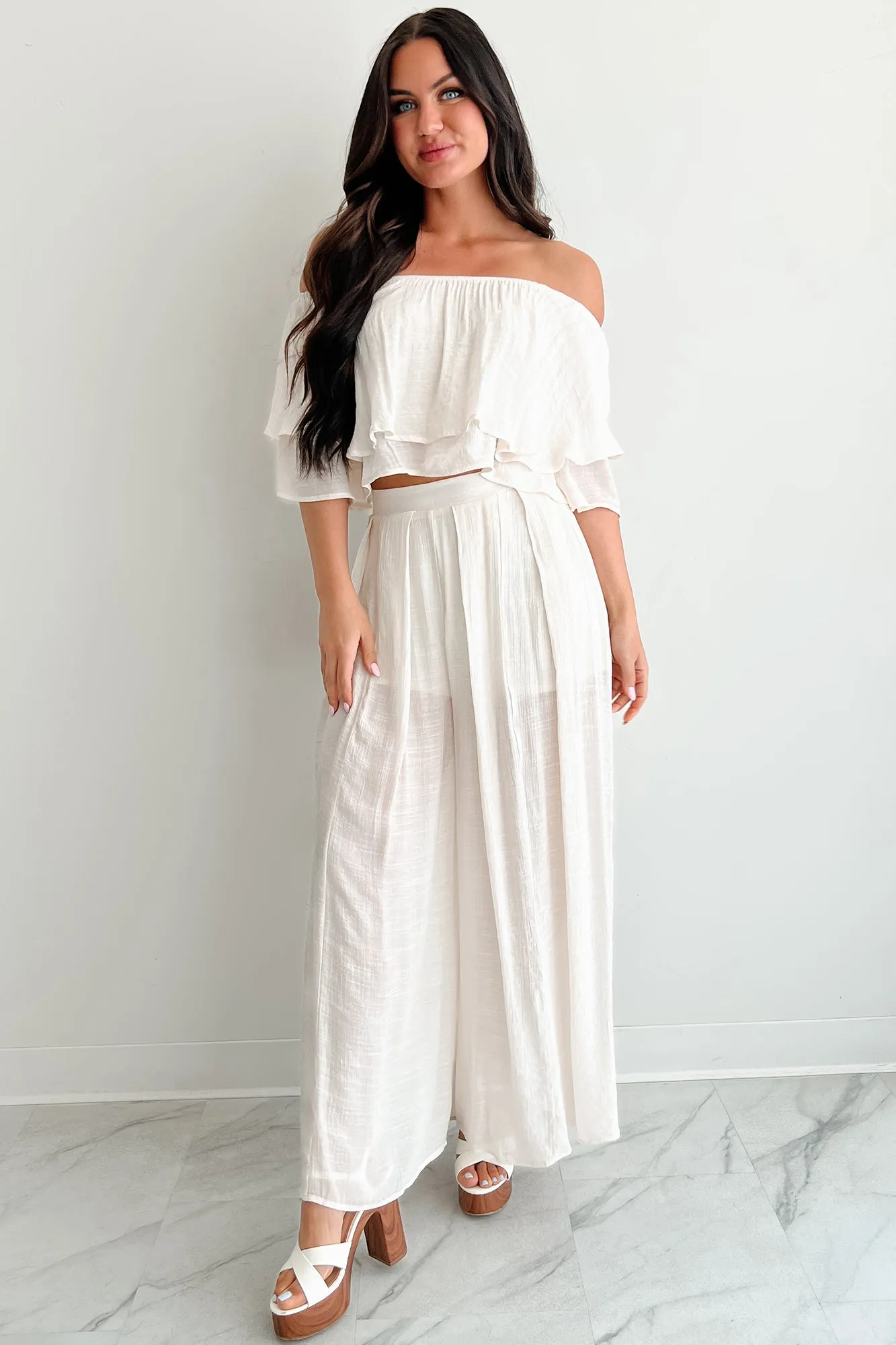 Stay Grounded Off Shoulder Flowy Pant Set (Vanilla White)