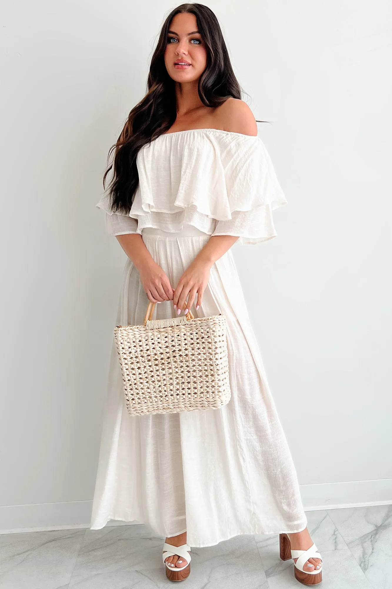 Stay Grounded Off Shoulder Flowy Pant Set (Vanilla White)