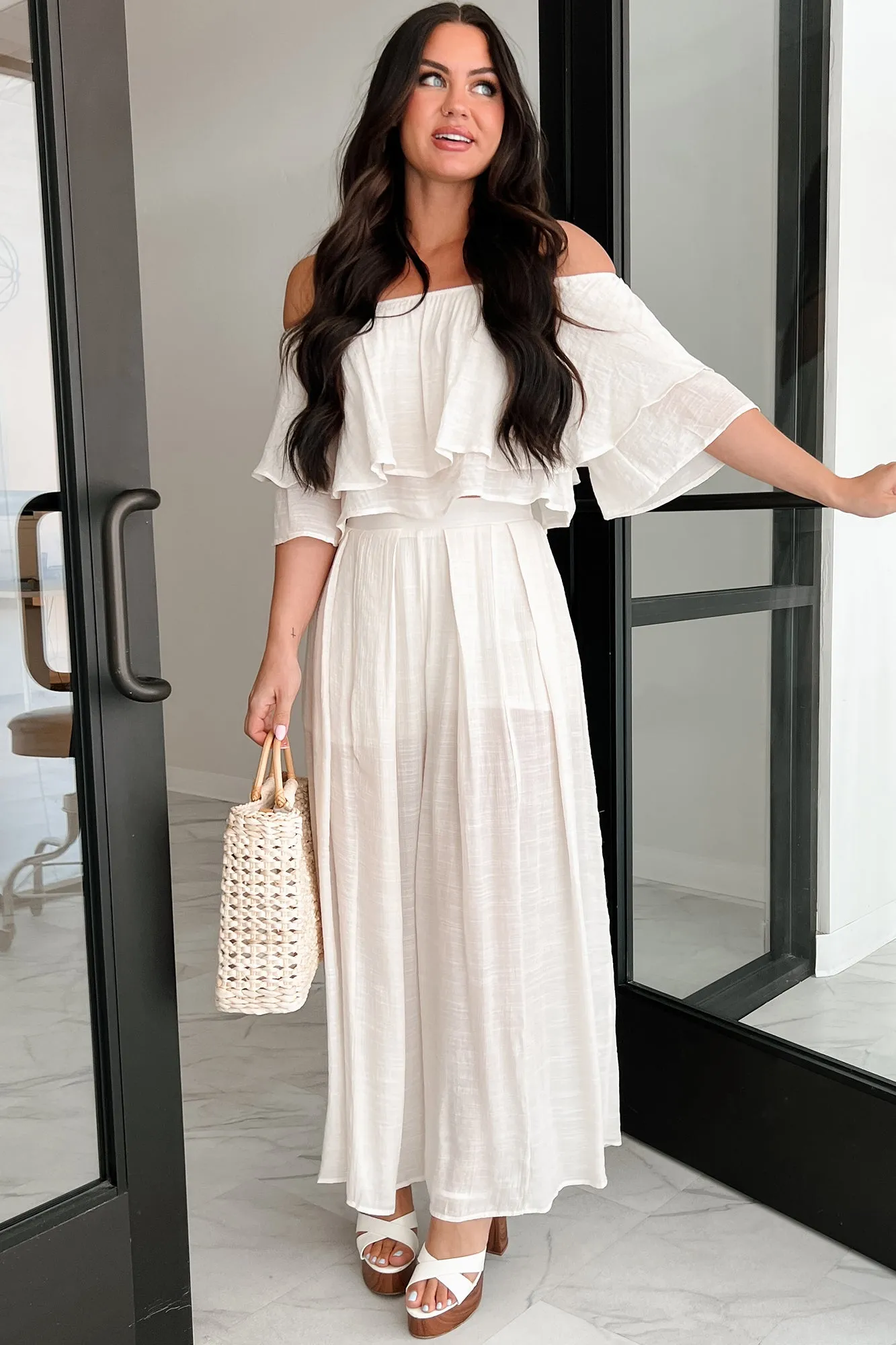 Stay Grounded Off Shoulder Flowy Pant Set (Vanilla White)