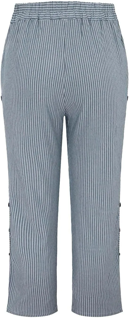 Striped Capri Pants for Women Trendy High Waisted Side Button Linen Capris Summer Dressy Casual Loose Cropped Pants
