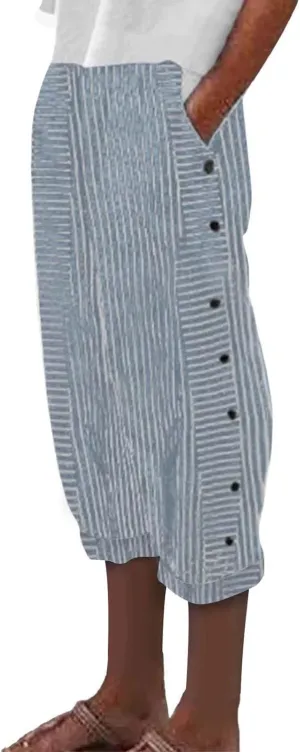 Striped Capri Pants for Women Trendy High Waisted Side Button Linen Capris Summer Dressy Casual Loose Cropped Pants
