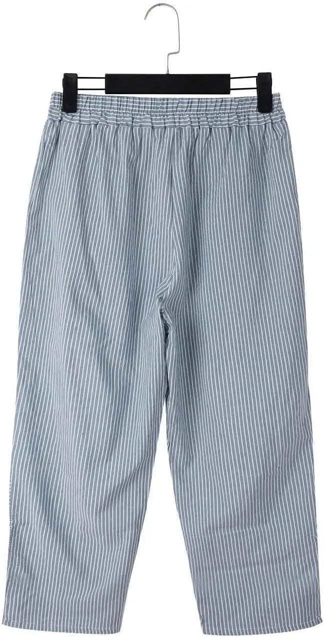 Striped Capri Pants for Women Trendy High Waisted Side Button Linen Capris Summer Dressy Casual Loose Cropped Pants